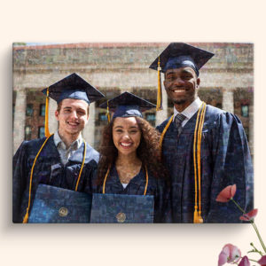 Graduation Mosaic with 3 happy Senior Students wearing Grad Caps and Gowns