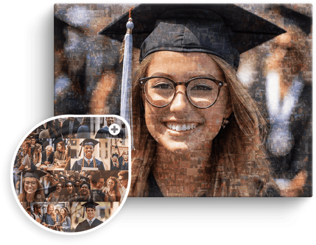 Graduation Mosaic with happy female Senior Student wearing Grad Cap and Gown