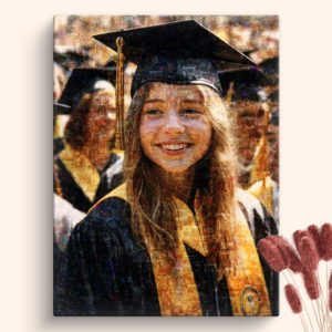 Mosaic with many pictures with Female Senior Student wearing Grad Cap and Gown