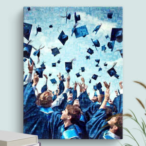 Graduation Mosaic with many photos with Senior Students throwing blue Grad Caps in the air and wearing blue Gowns