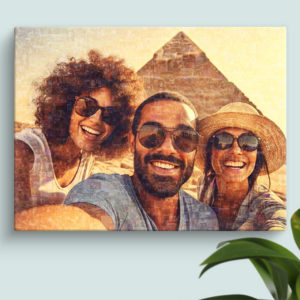 Large Travel Photo Mosaic Collage with 3 friends infront of pyramids filled with many vacation photos