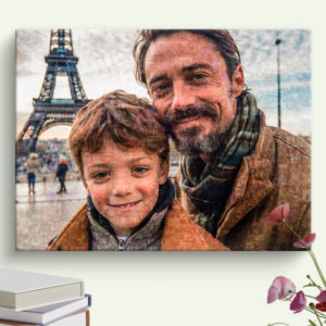 Large Travel Photo Mosaic Collage with father and son infront of Eiffel tower filled with many vacation photos
