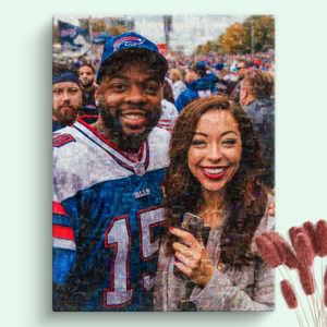Football Fan Photo Mosaic with happy fan couple as main image filled with many stadium moments
