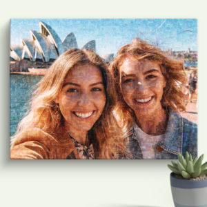 Large Travel Photo Mosaic Collage with 2 friends infront of Sydney Opera House filled with many vacation photos