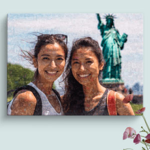 Large Travel Mosaic Collage with 2 friends infront of Statue of Liberty filled with many vacation photos