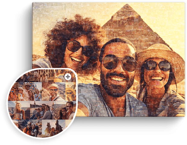Large Travel Mosaic Collage with 3 friends infront of pyramids filled with many vacation photos