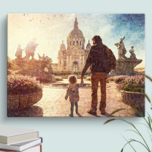 Large Travel Photo Mosaic Collage with father and son holding hands infront of a church filled with many vacation photos