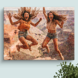 Large Travel Photo Mosaic Collage with 2 friends jumping high in Gran Canyon filled with many vacation photos